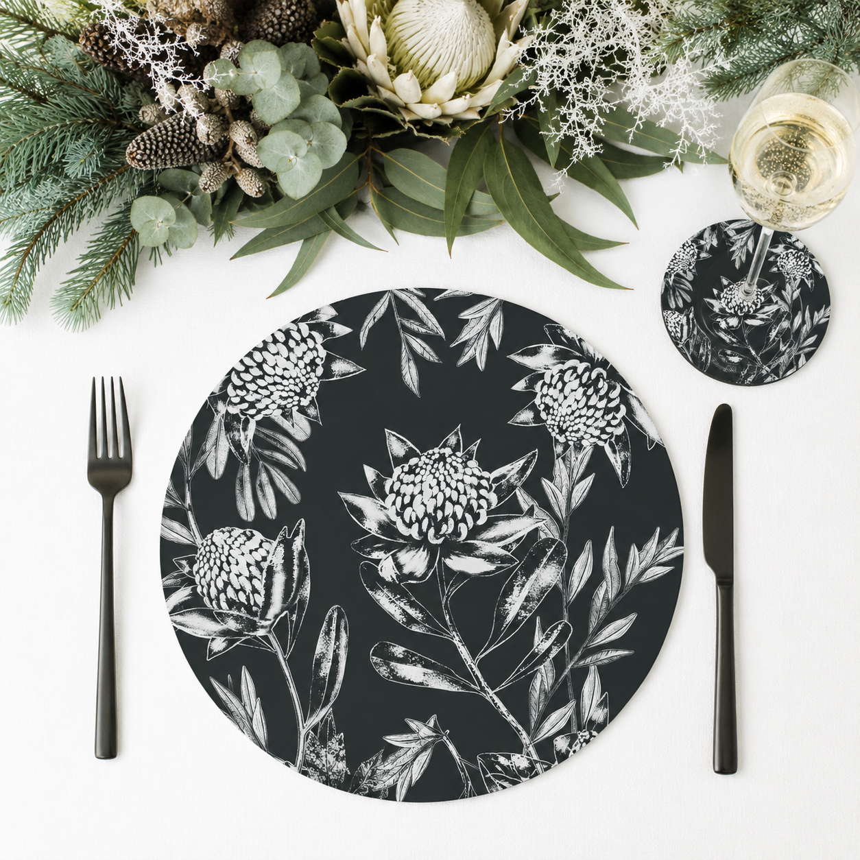 Black Waratah Australian Native Round Placemats – Set of 4,6 or 8