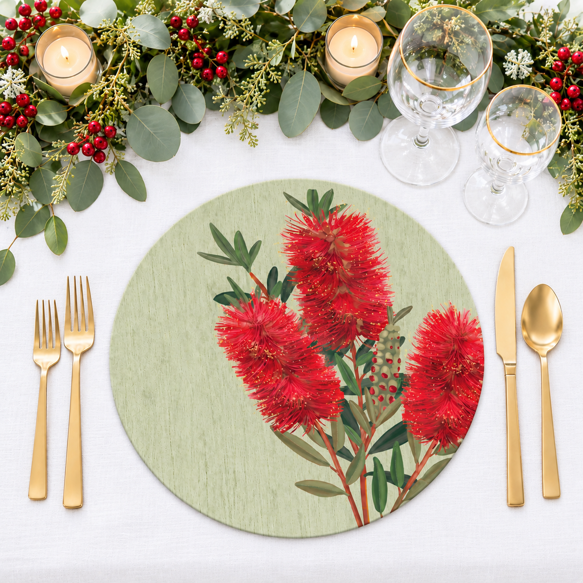 Bottlebrush Bloom Australian Native Round Placemats – Set of 4,6 or 8