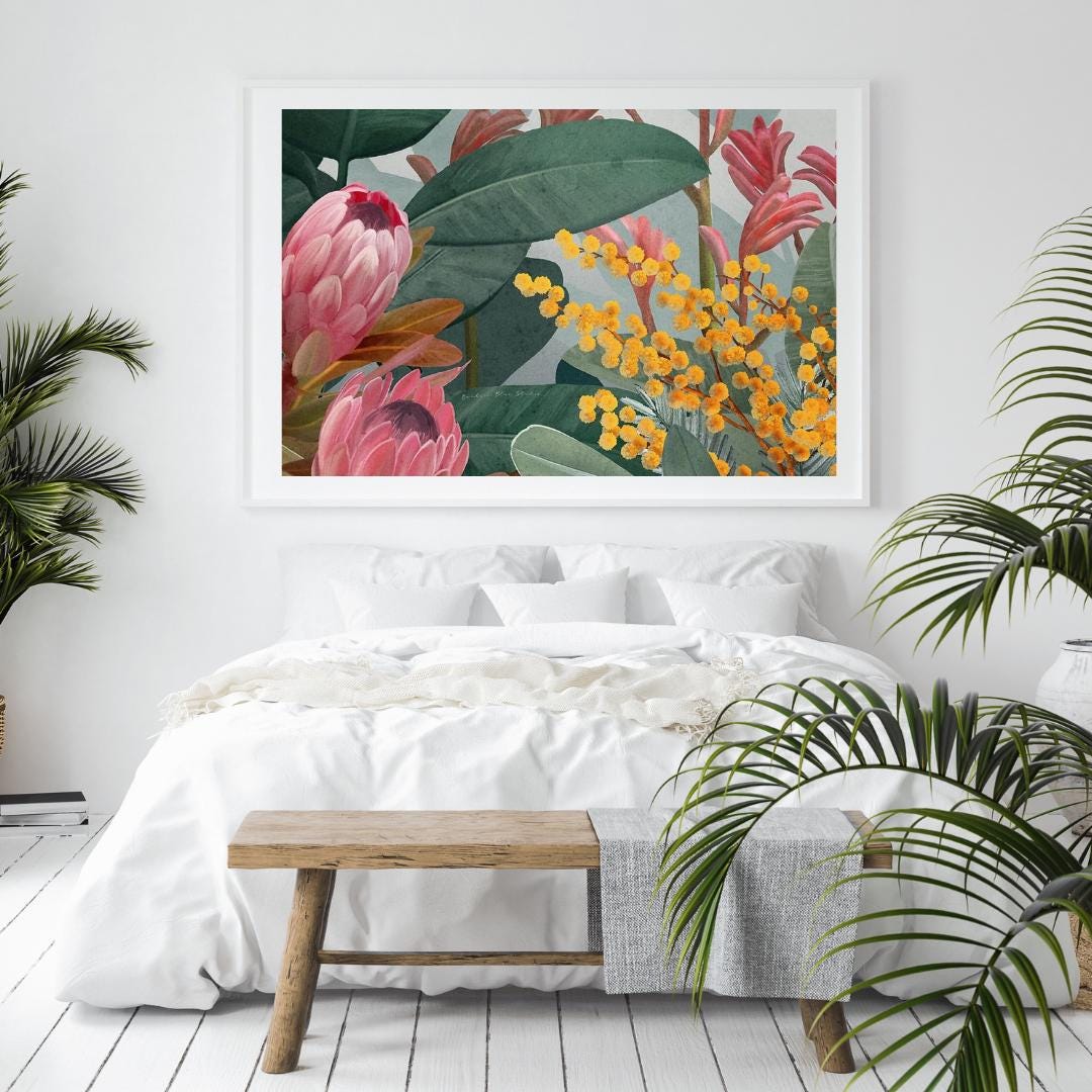 Bundaleer Bush Garden – Protea & Wattle Botanical Landscape Digital Art Print