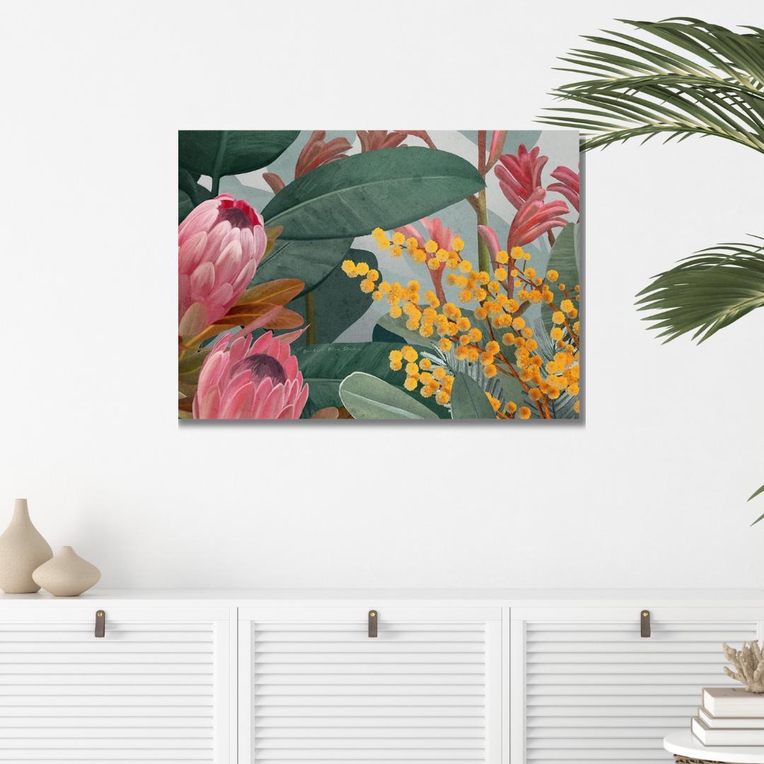 Bundaleer Bush Garden – Protea & Wattle Botanical Landscape Digital Art Print