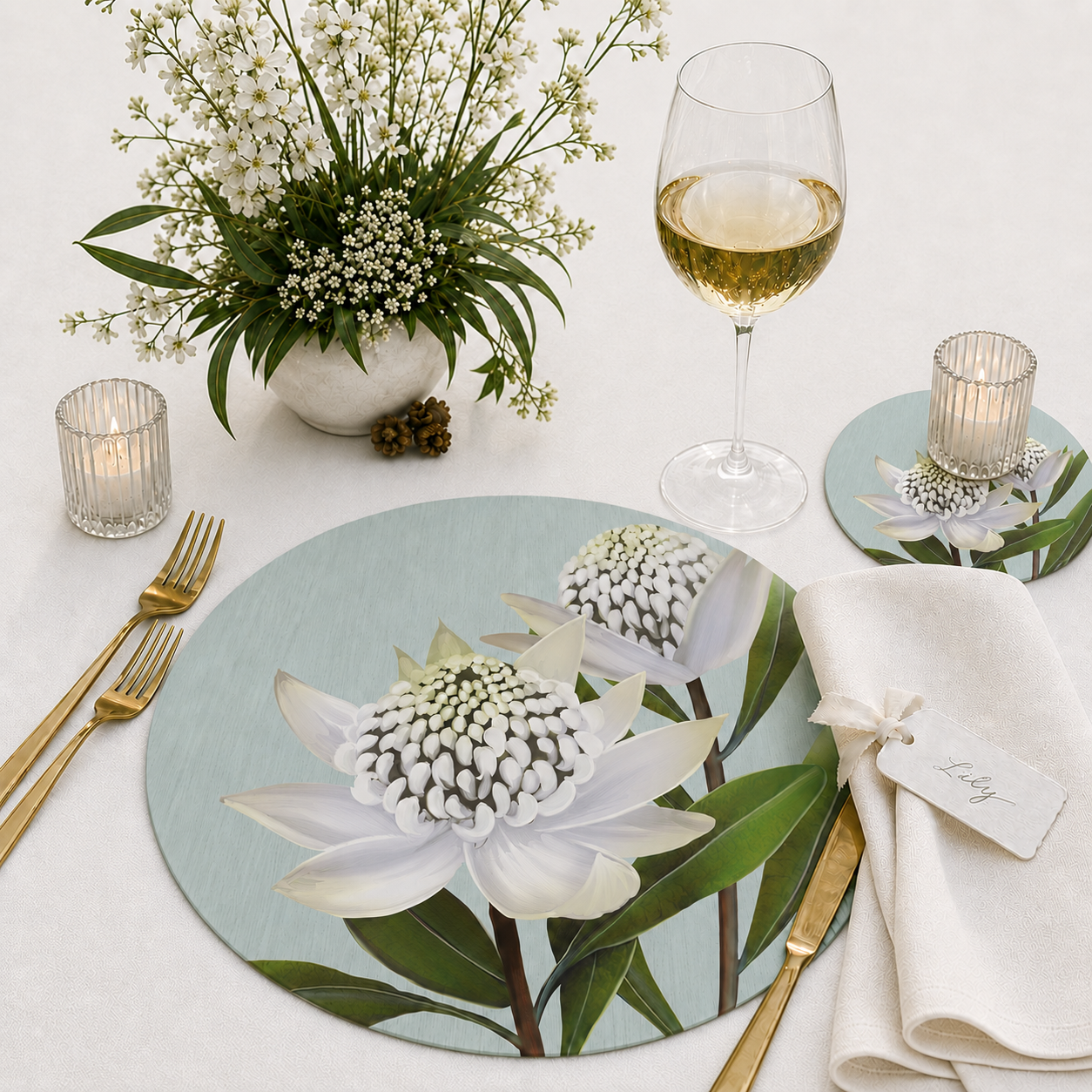 White Waratah Australian Native Round Placemats – Set of 4,6 or 8