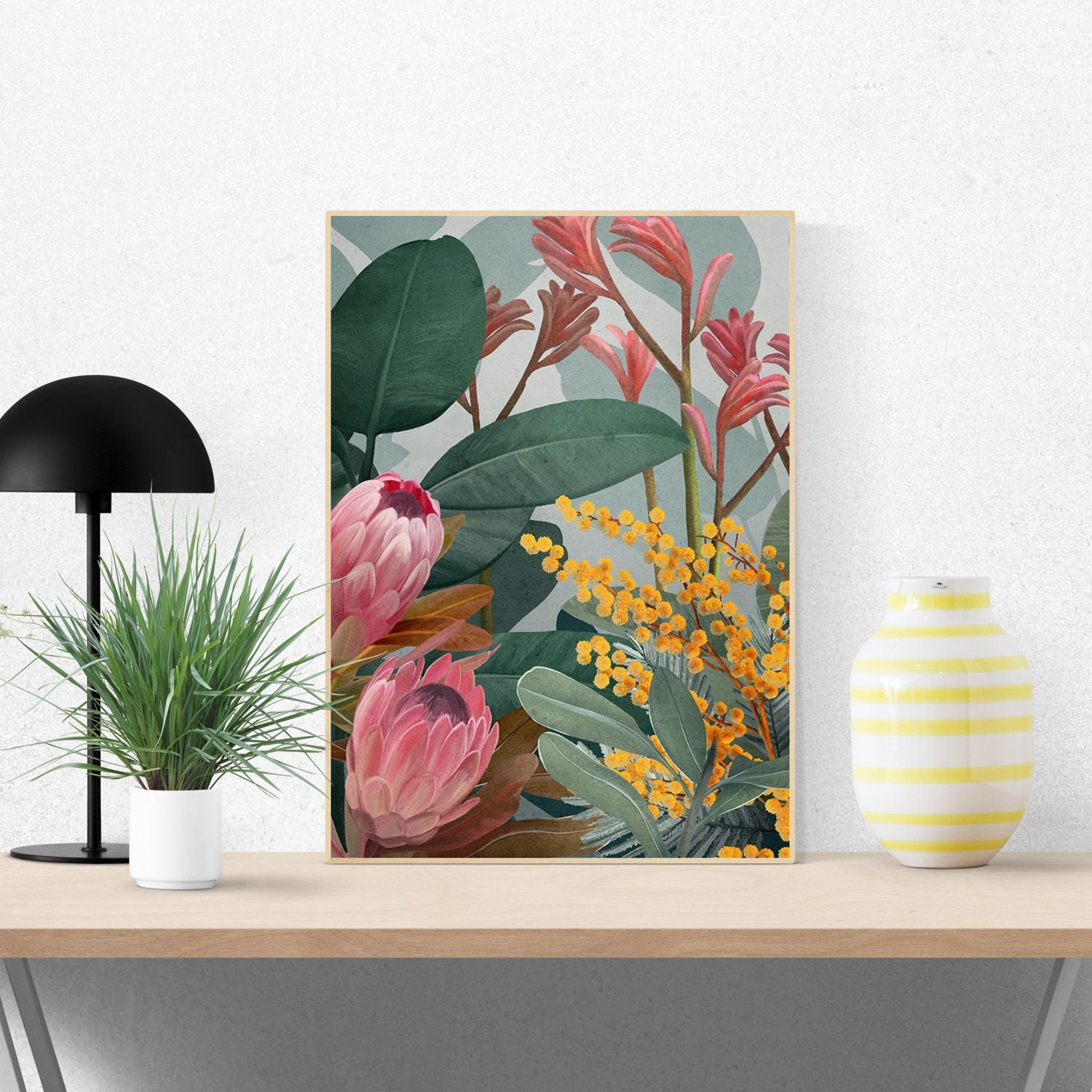 Bundaleer Bush Garden – Protea & Wattle Botanical Portrait Digital Art Print