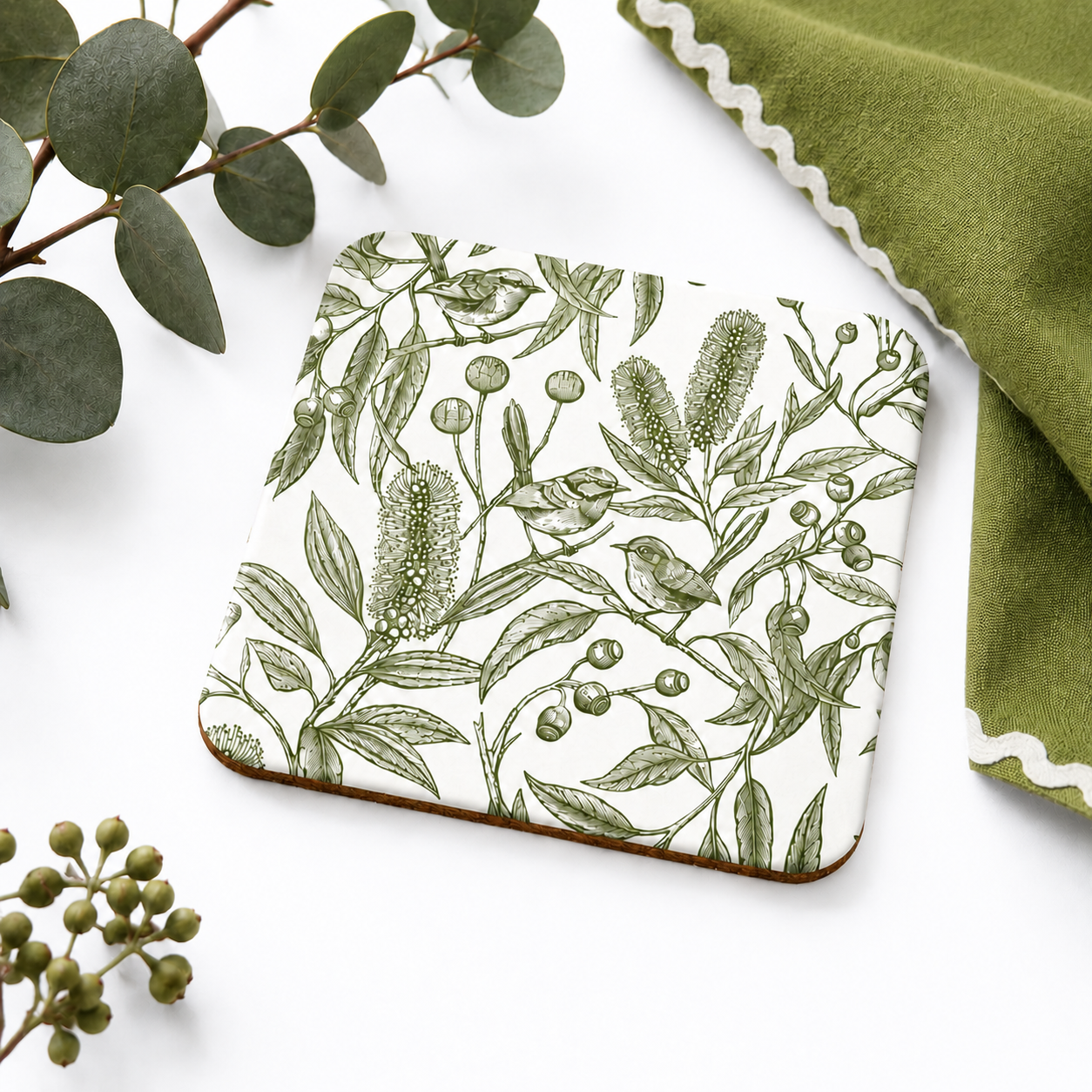 Eucalyptus Song Olive Australian Square Coaster