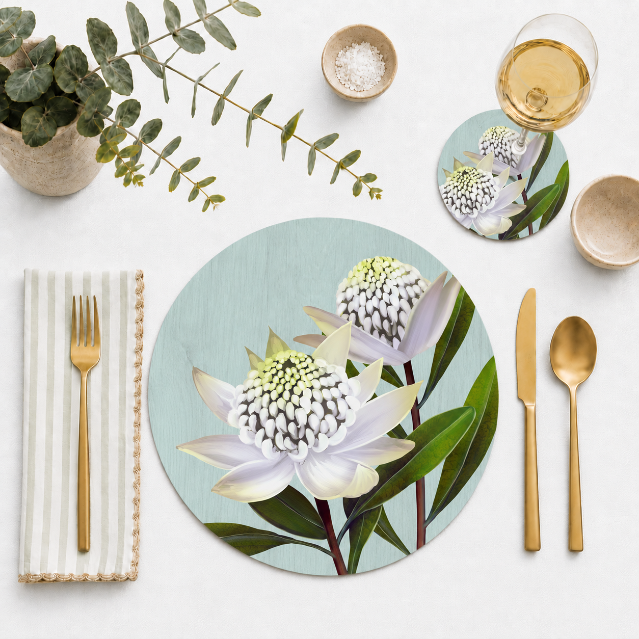 White Waratah Australian Native Round Placemats – Set of 4,6 or 8