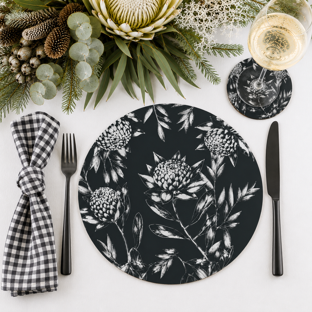 Black Waratah Australian Native Round Placemats – Set of 4,6 or 8