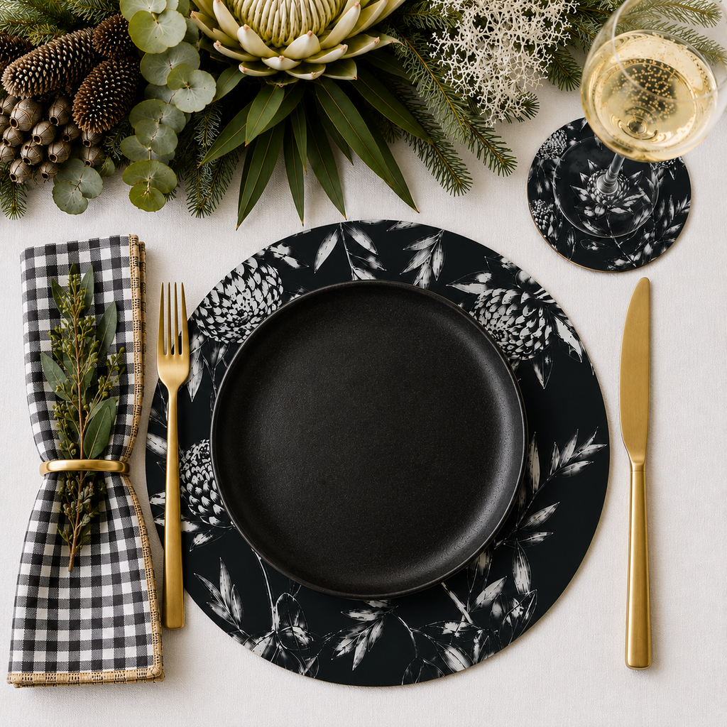 Black Waratah Australian Native Round Placemats – Set of 4,6 or 8