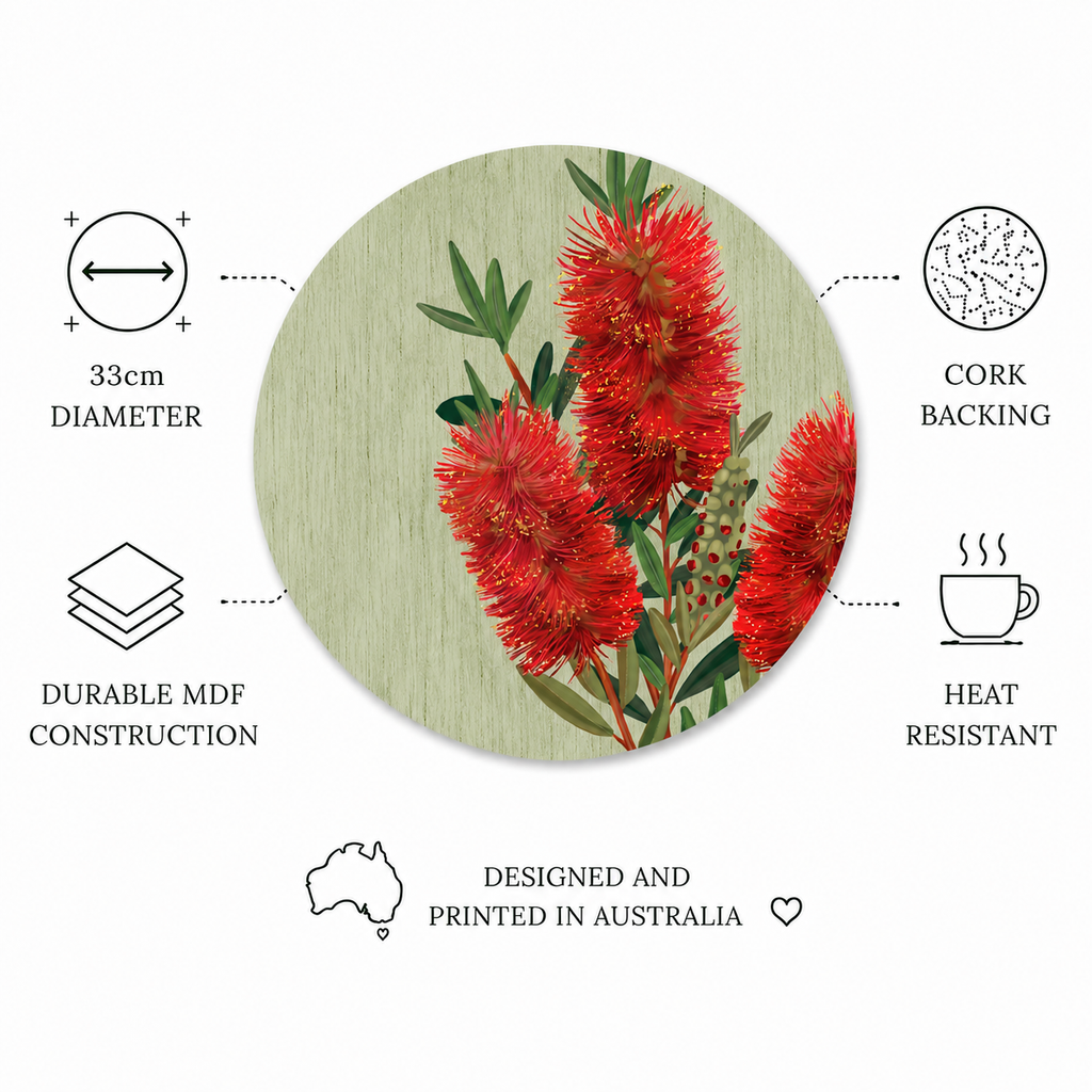 Bottlebrush Bloom Australian Native Round Placemats – Set of 4,6 or 8