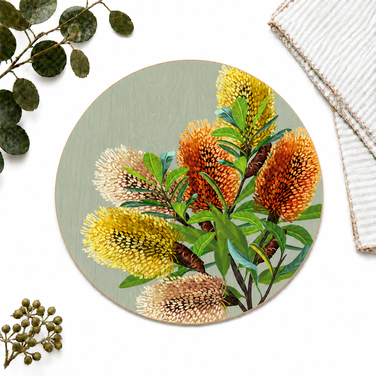 Saltbush Banksia Australian Native Round Placemats – Set of 4,6 or 8