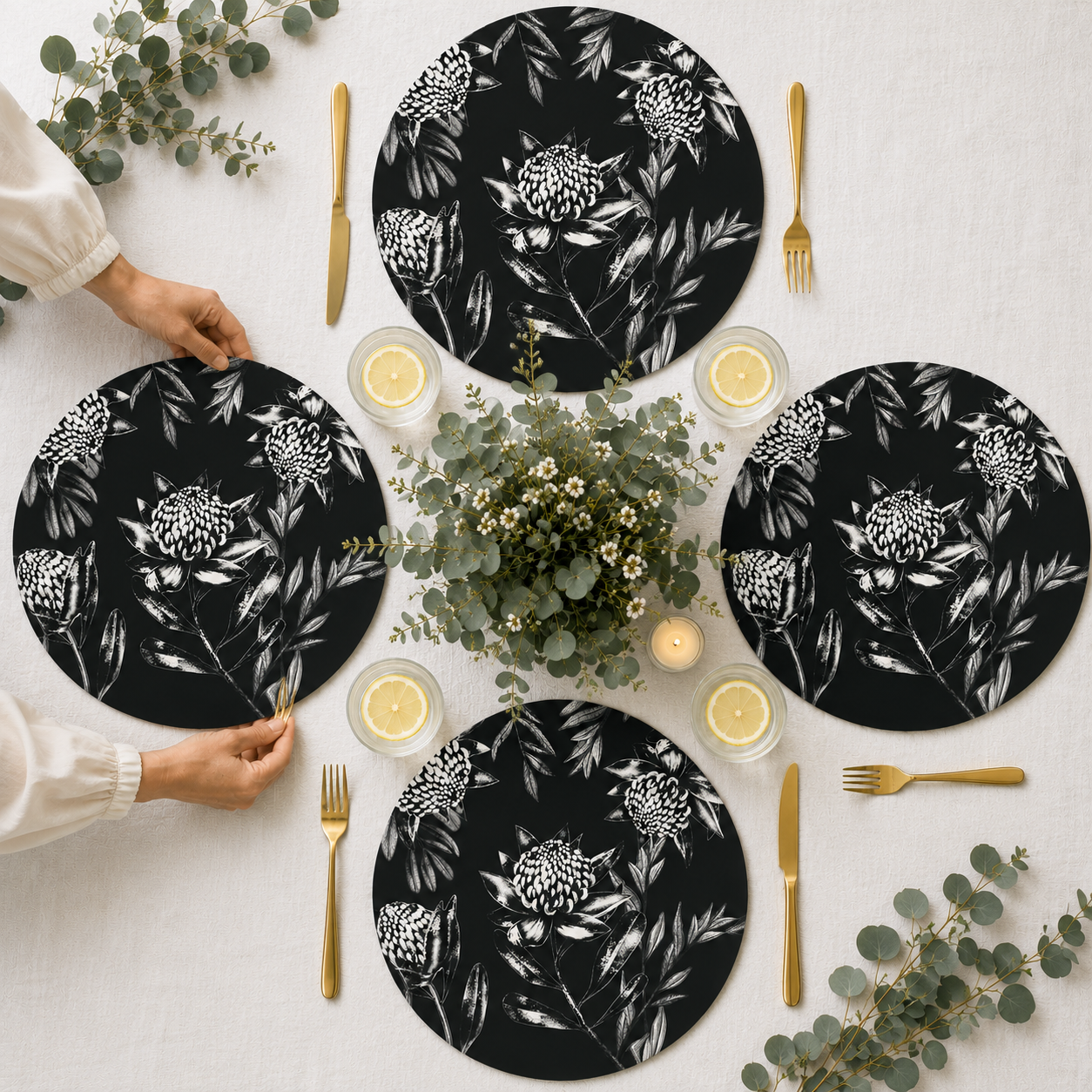 Black Waratah Australian Native Round Placemats – Set of 4,6 or 8