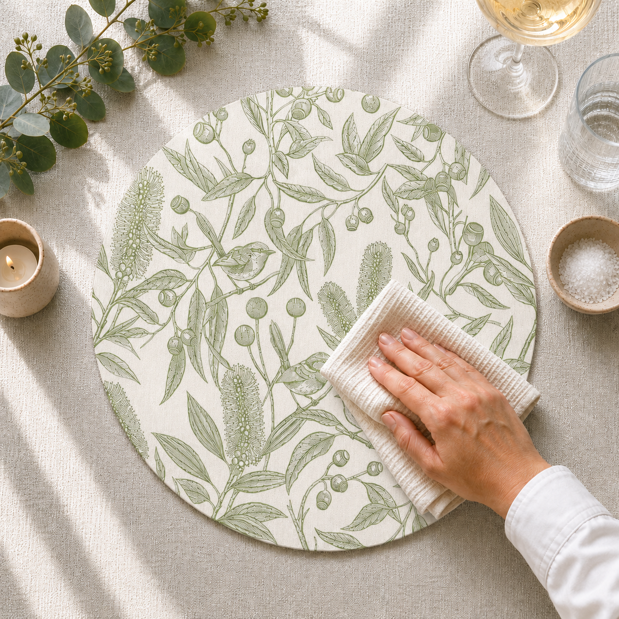 Eucalyptus Song Australian Native Round Placemats – Set of 4,6 or 8