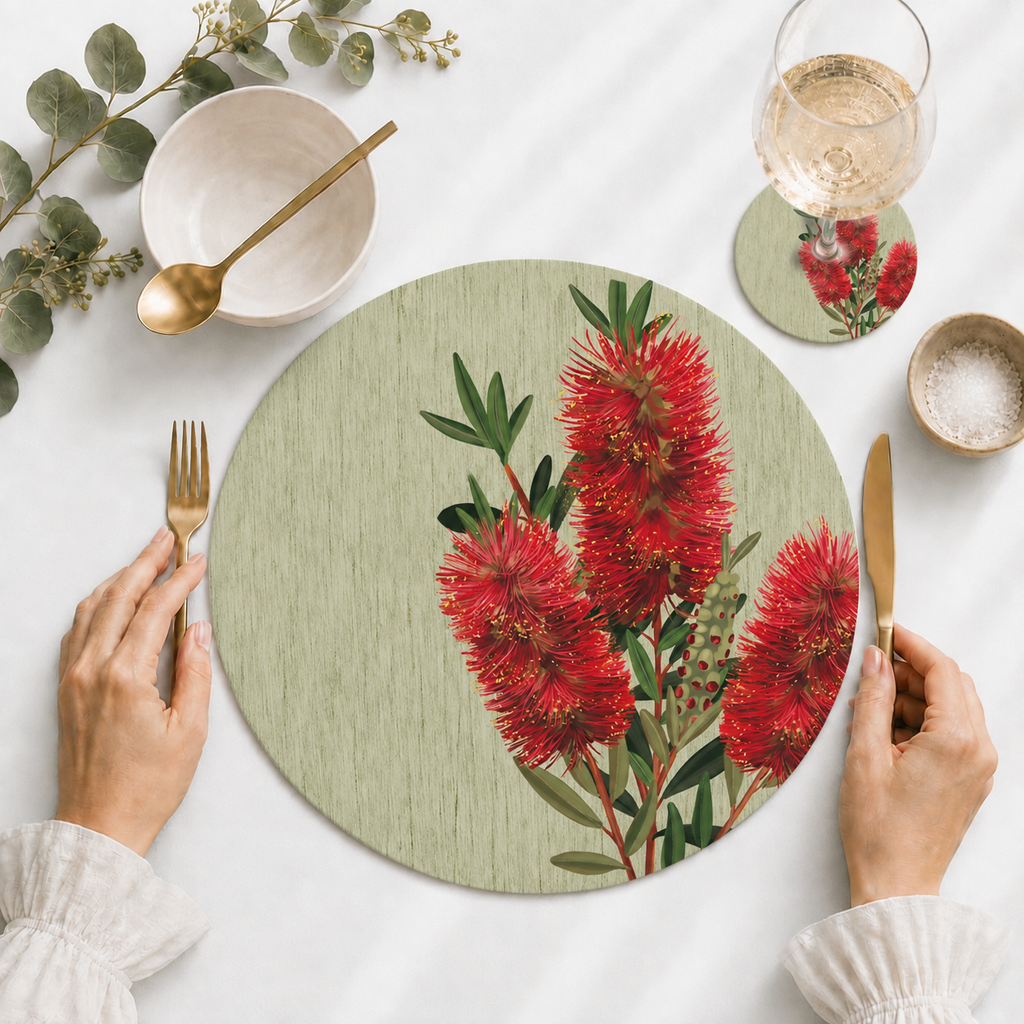 Bottlebrush Bloom Australian Native Round Placemats – Set of 4,6 or 8