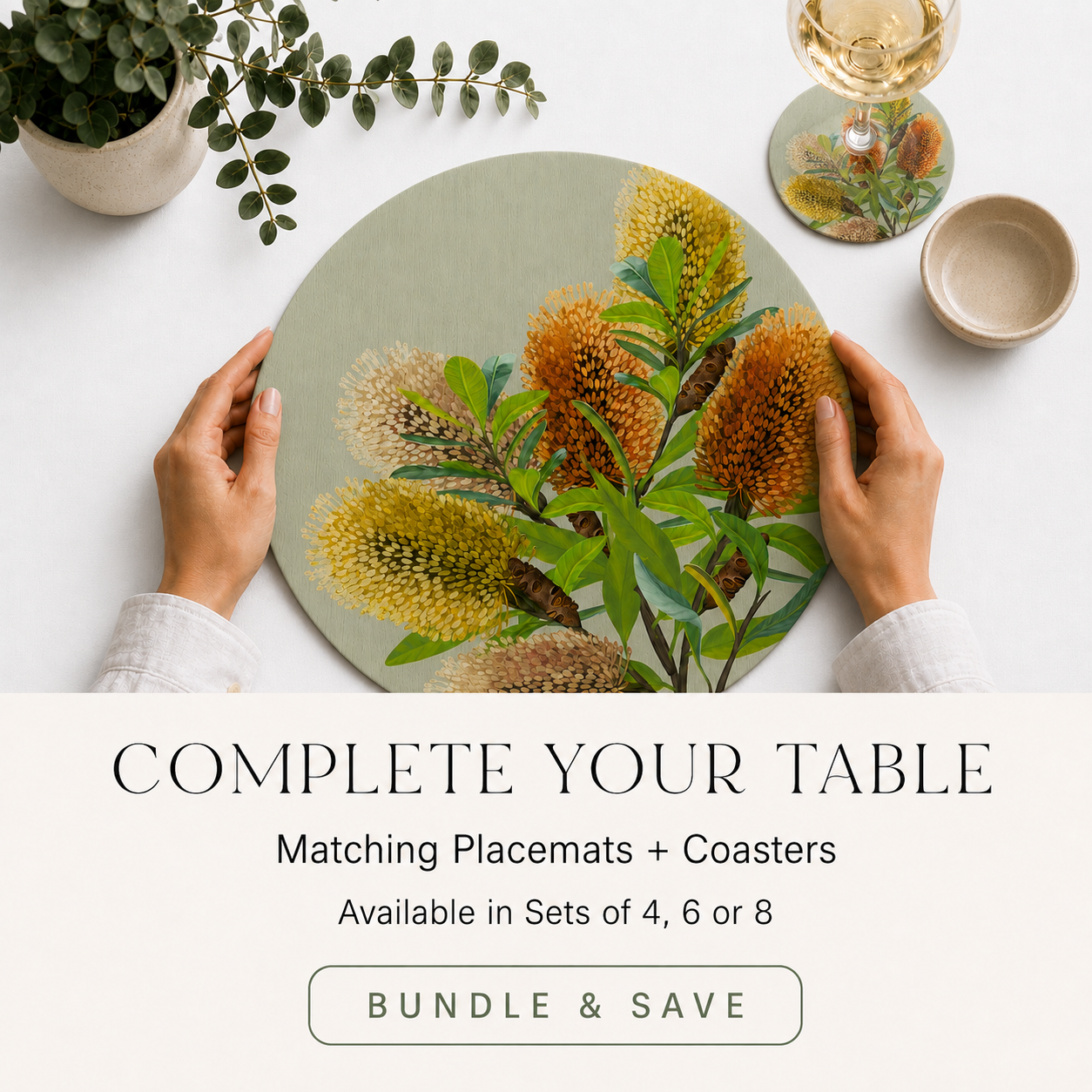 Saltbush Banksia Australian Native Round Placemats – Set of 4,6 or 8