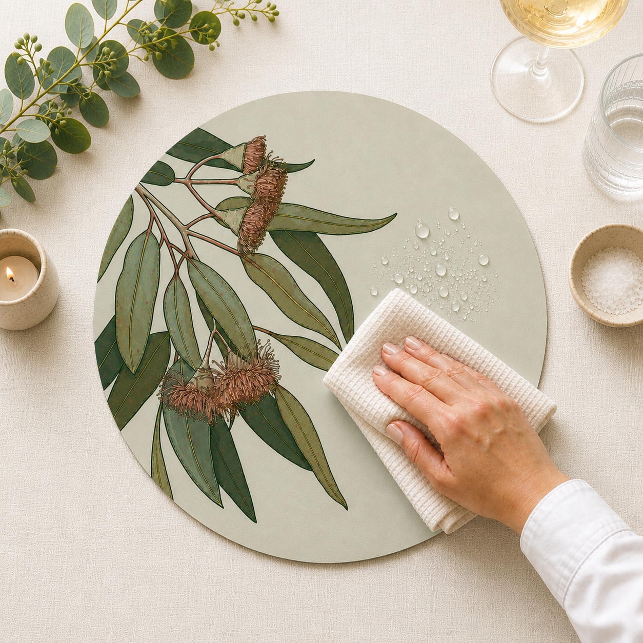 Blush Gumleaf Australian Native Round Placemats – Set of 4,6 or 8