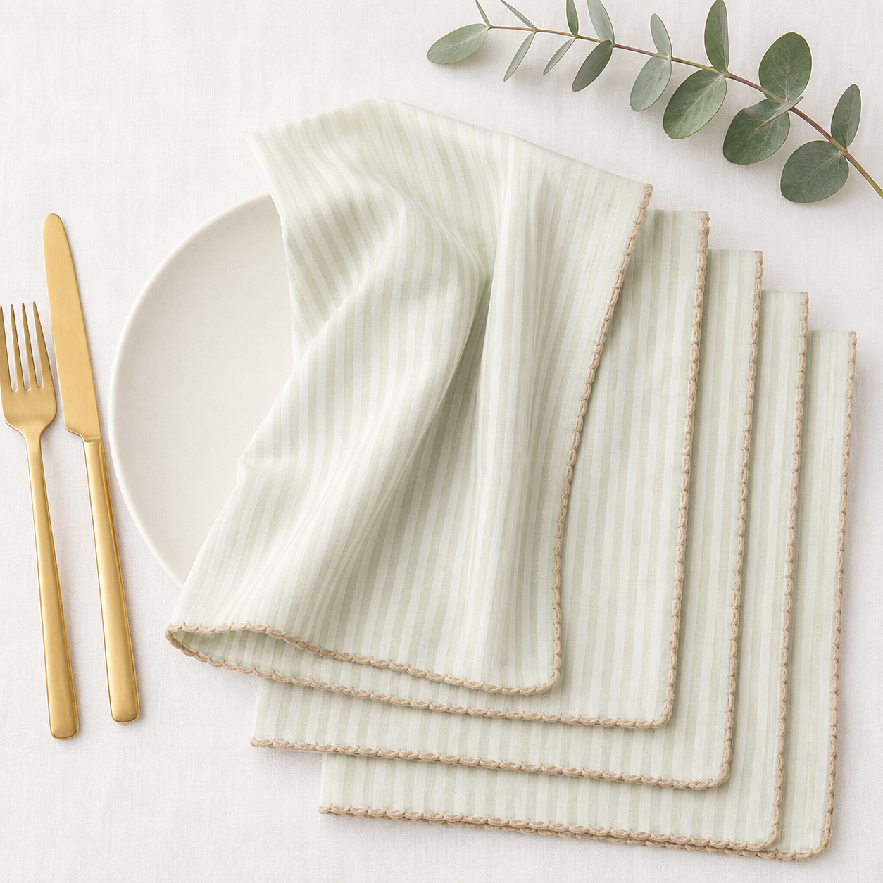 Sage Stripe Cotton Napkins – Set of 4,6,8