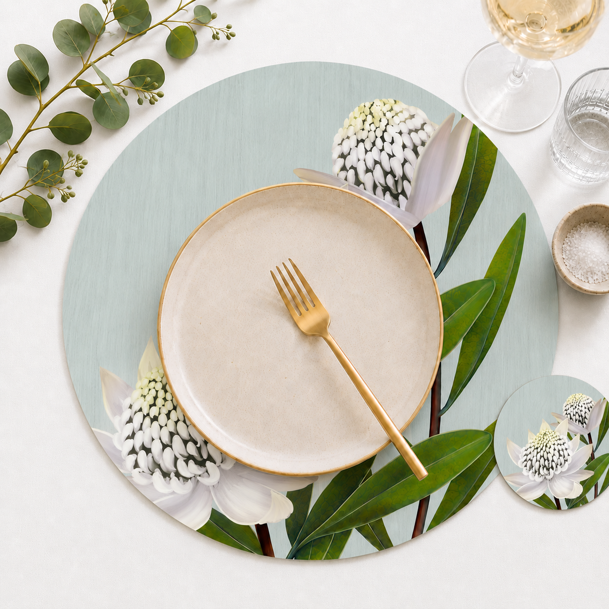 White Waratah Australian Native Round Placemats – Set of 4,6 or 8