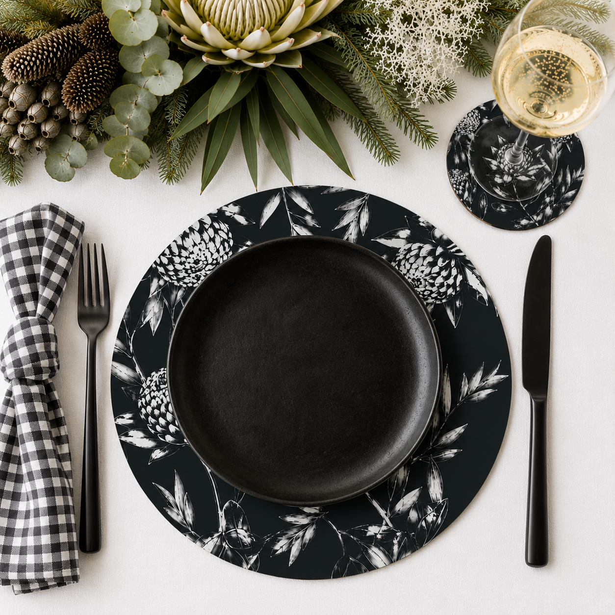 Black Waratah Australian Native Round Placemats – Set of 4,6 or 8