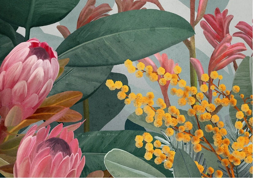 Bundaleer Bush Garden – Protea & Wattle Botanical Landscape Digital Art Print