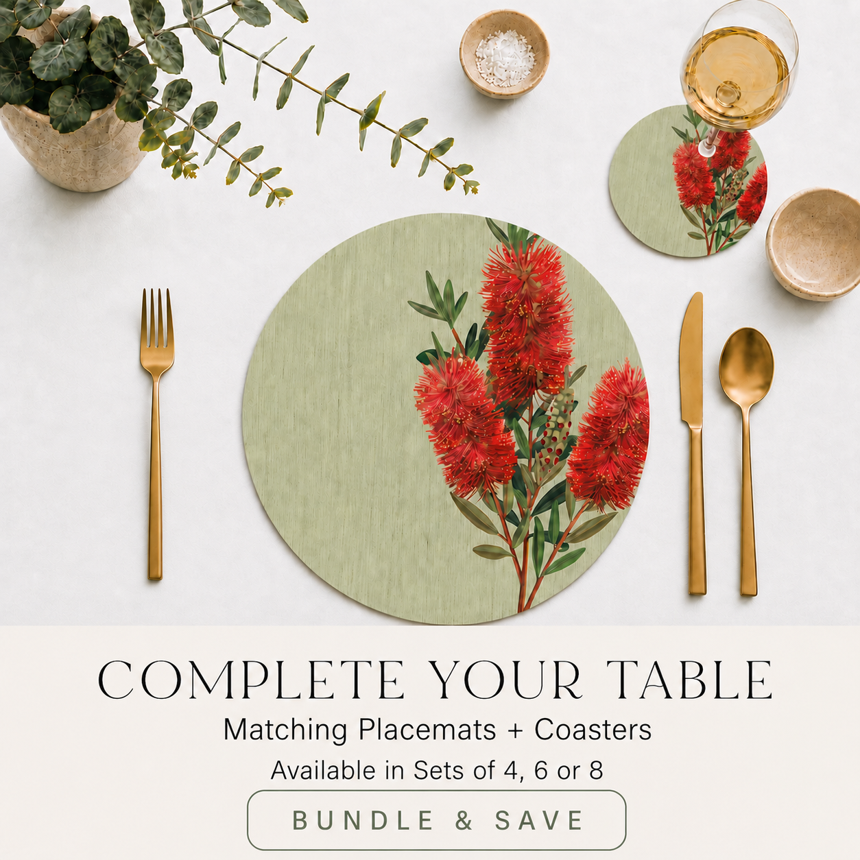 Bottlebrush Bloom Australian Native Round Placemats – Set of 4,6 or 8