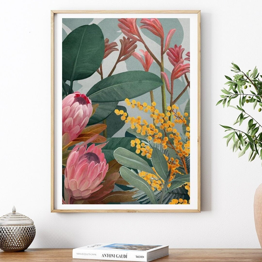 Bundaleer Bush Garden – Protea & Wattle Botanical Portrait Digital Art Print