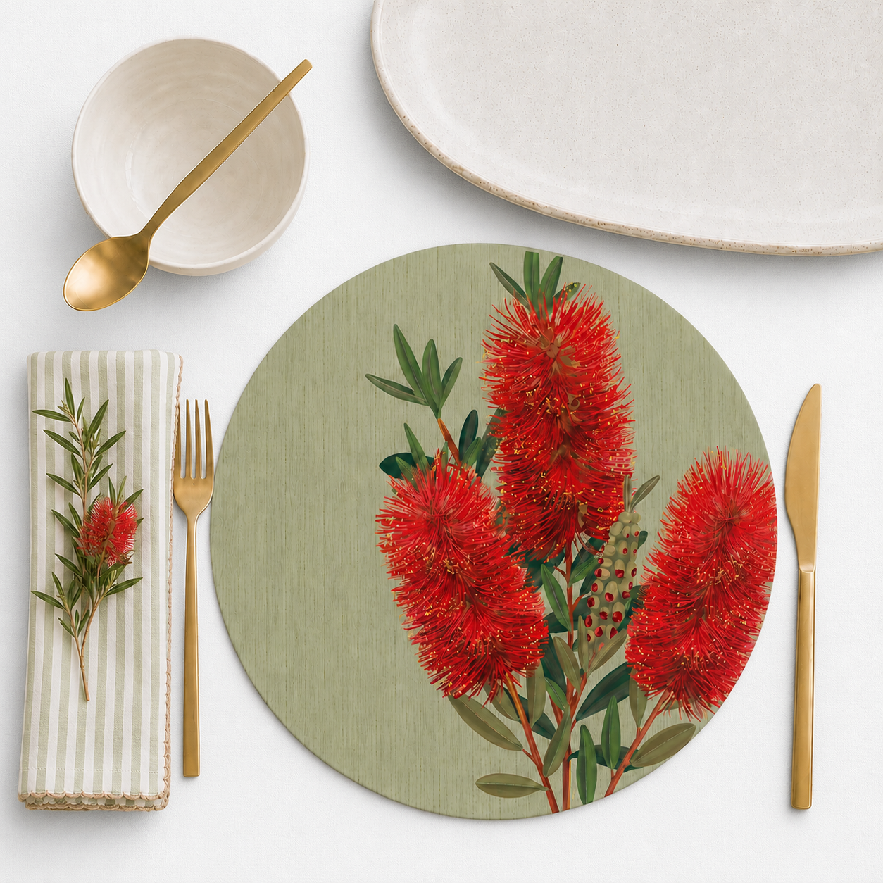 Bottlebrush Bloom Australian Native Round Placemats – Set of 4,6 or 8