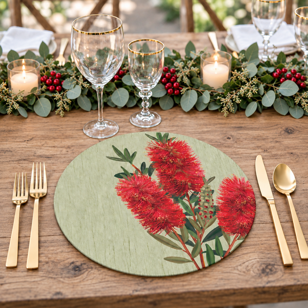 Bottlebrush Bloom Australian Native Round Placemats – Set of 4,6 or 8