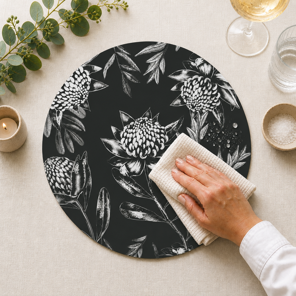 Black Waratah Australian Native Round Placemats – Set of 4,6 or 8