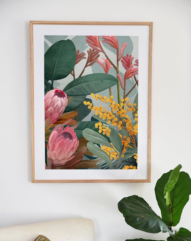 Bundaleer Bush Garden – Protea & Wattle Botanical Portrait Digital Art Print