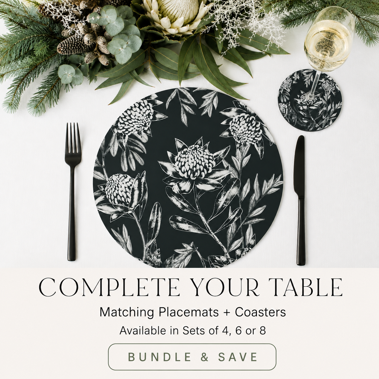 Black Waratah Australian Native Round Placemats – Set of 4,6 or 8