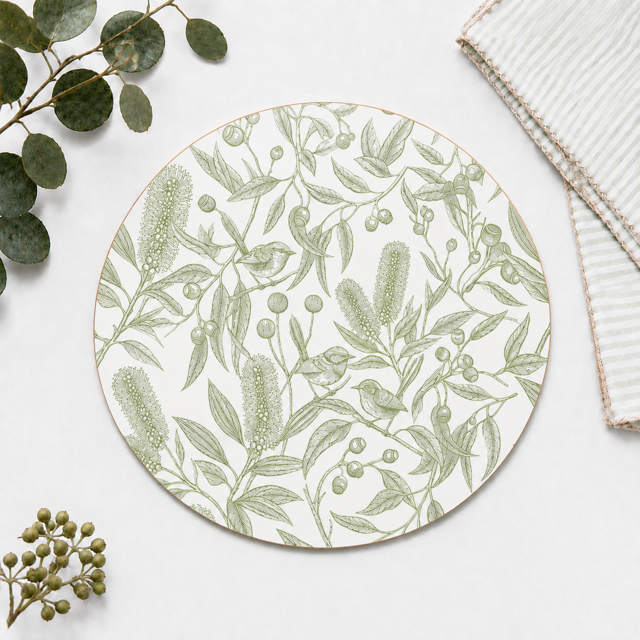 Eucalyptus Song Australian Native Round Placemats – Set of 4,6 or 8