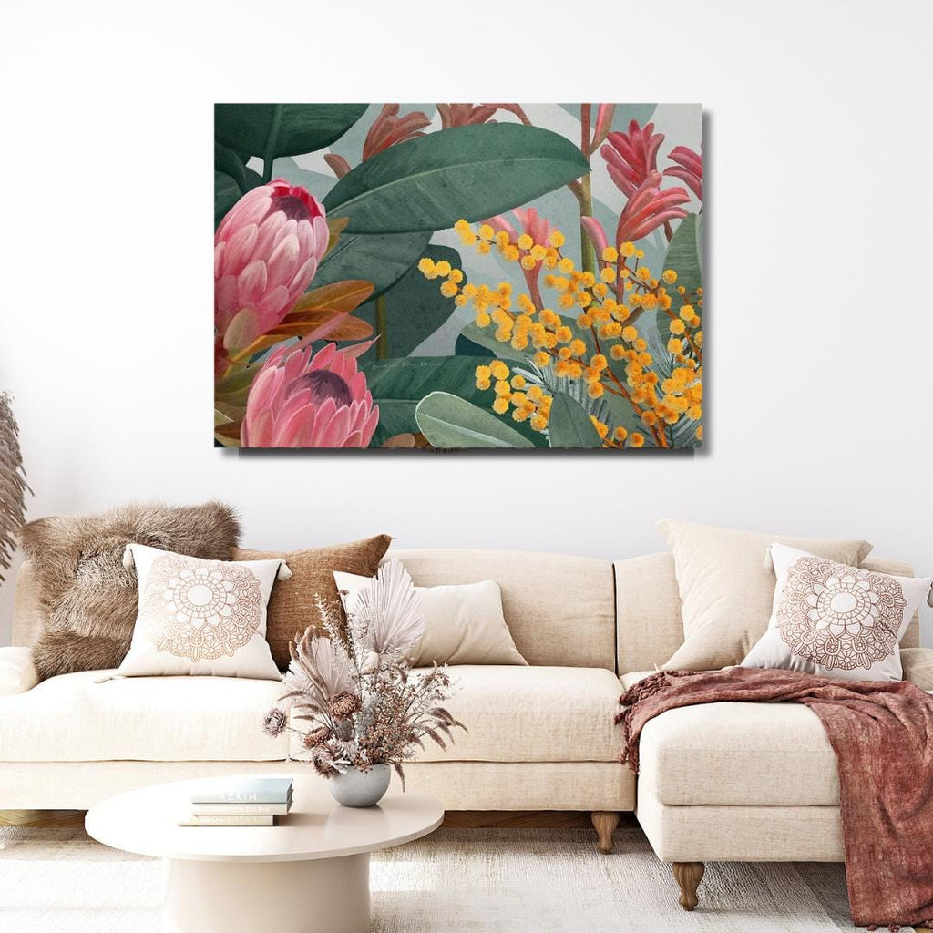Bundaleer Bush Garden – Protea & Wattle Botanical Landscape Digital Art Print