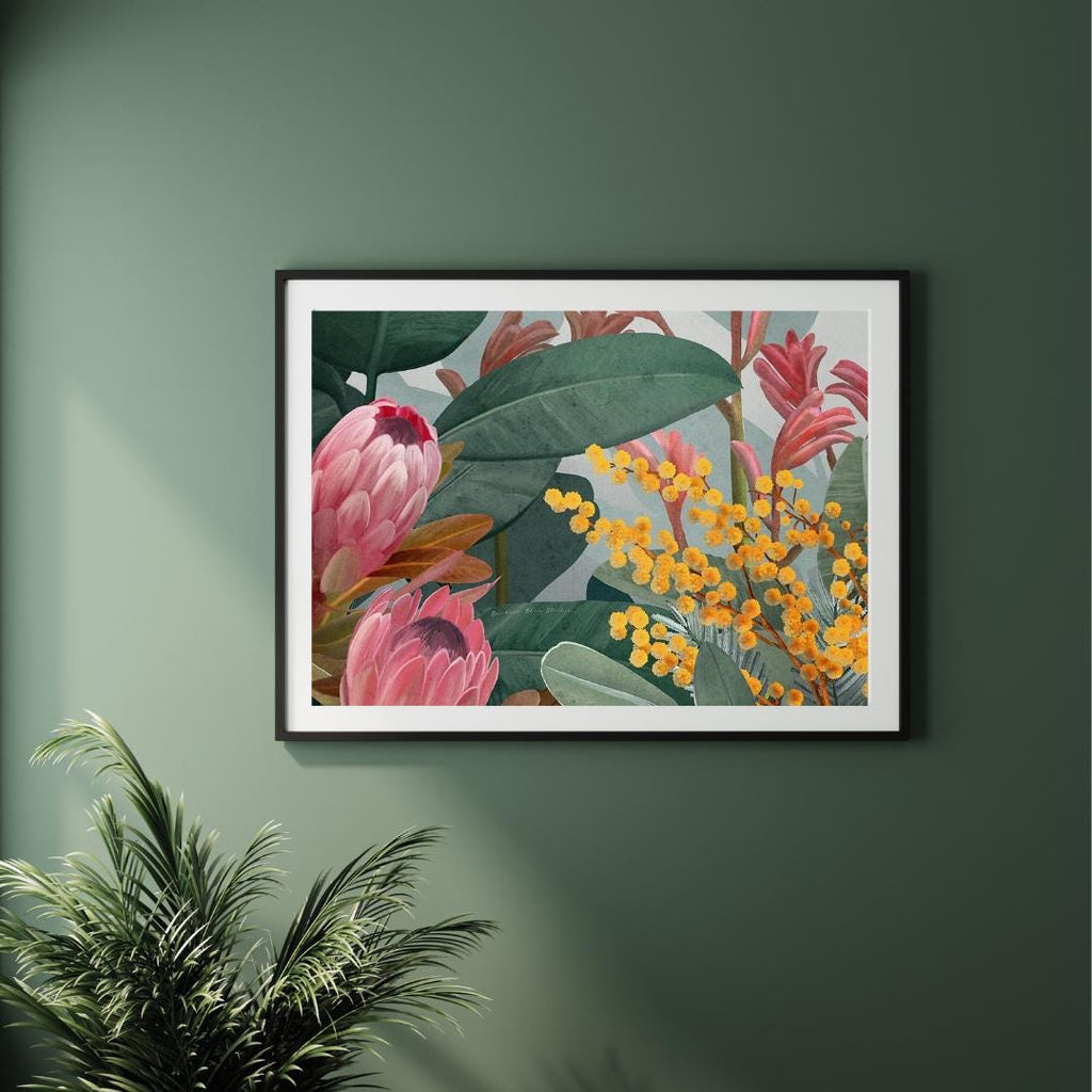 Bundaleer Bush Garden – Protea & Wattle Botanical Landscape Digital Art Print