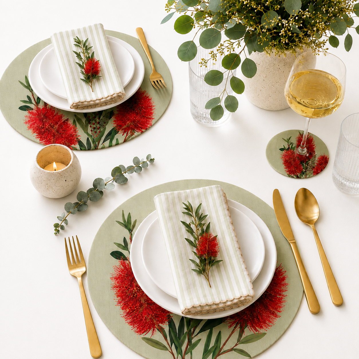 Bottlebrush Bloom Australian Native Round Placemats – Set of 4,6 or 8