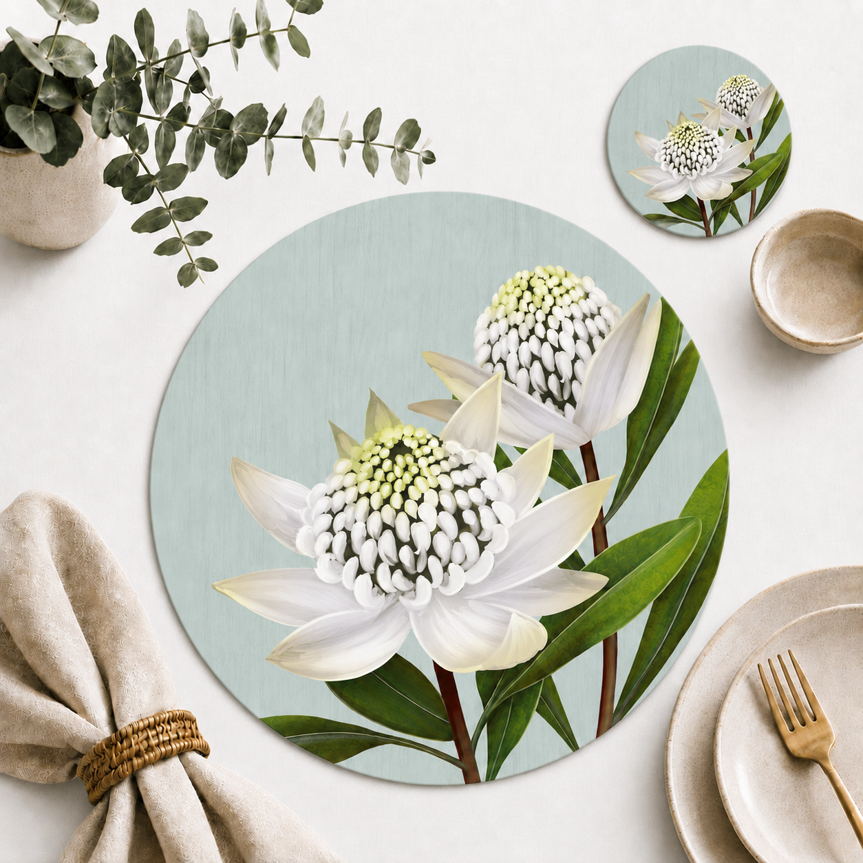White Waratah Australian Native Round Placemats – Set of 4,6 or 8