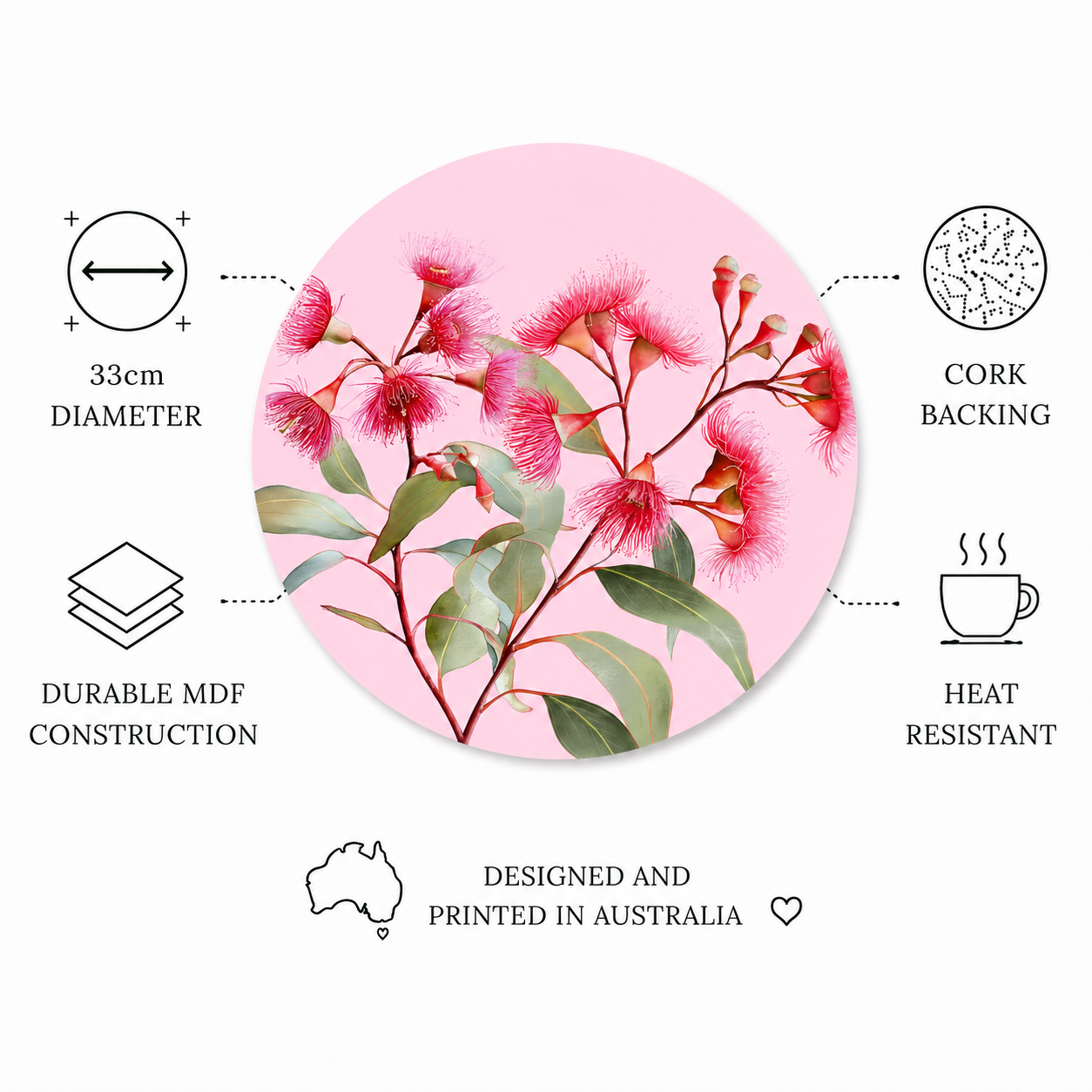 Pink Gum Australian Native Round Placemats – Set of 4,6 or 8