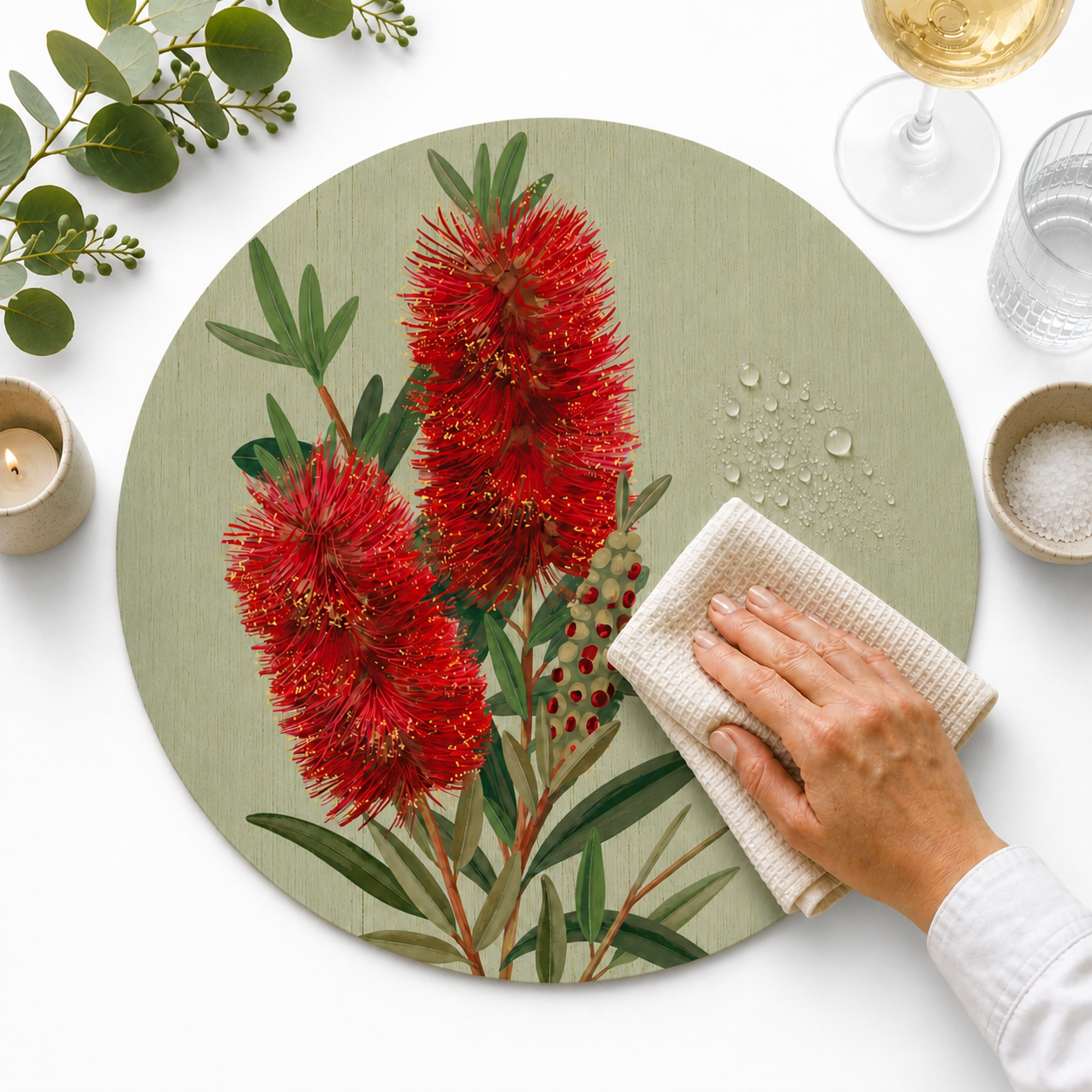 Bottlebrush Bloom Australian Native Round Placemats – Set of 4,6 or 8