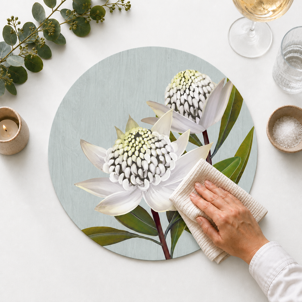 White Waratah Australian Native Round Placemats – Set of 4,6 or 8