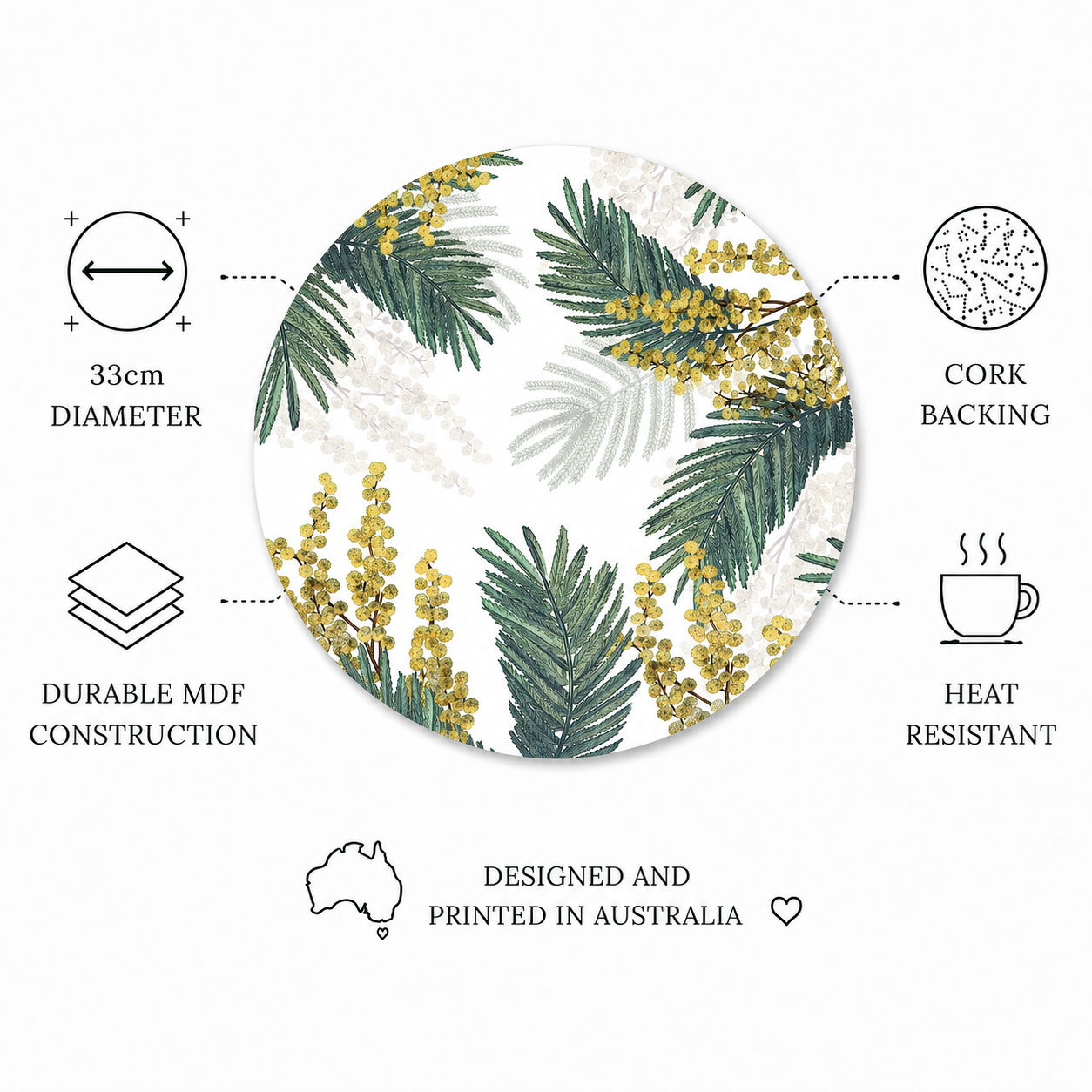 Sunshine Wattle Australian Native Round Placemats – Set of 4,6 or 8