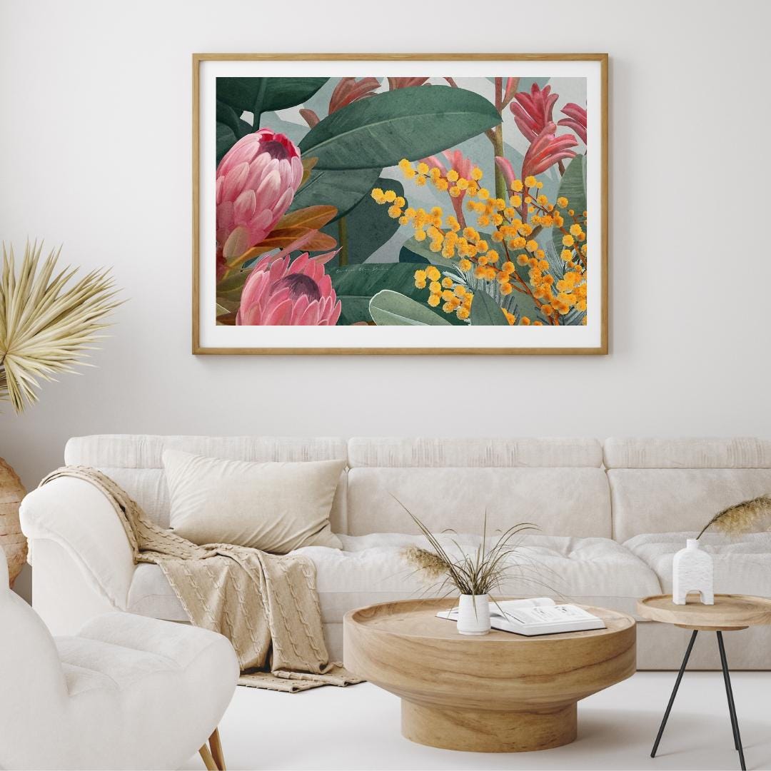 Bundaleer Bush Garden – Protea & Wattle Botanical Landscape Digital Art Print