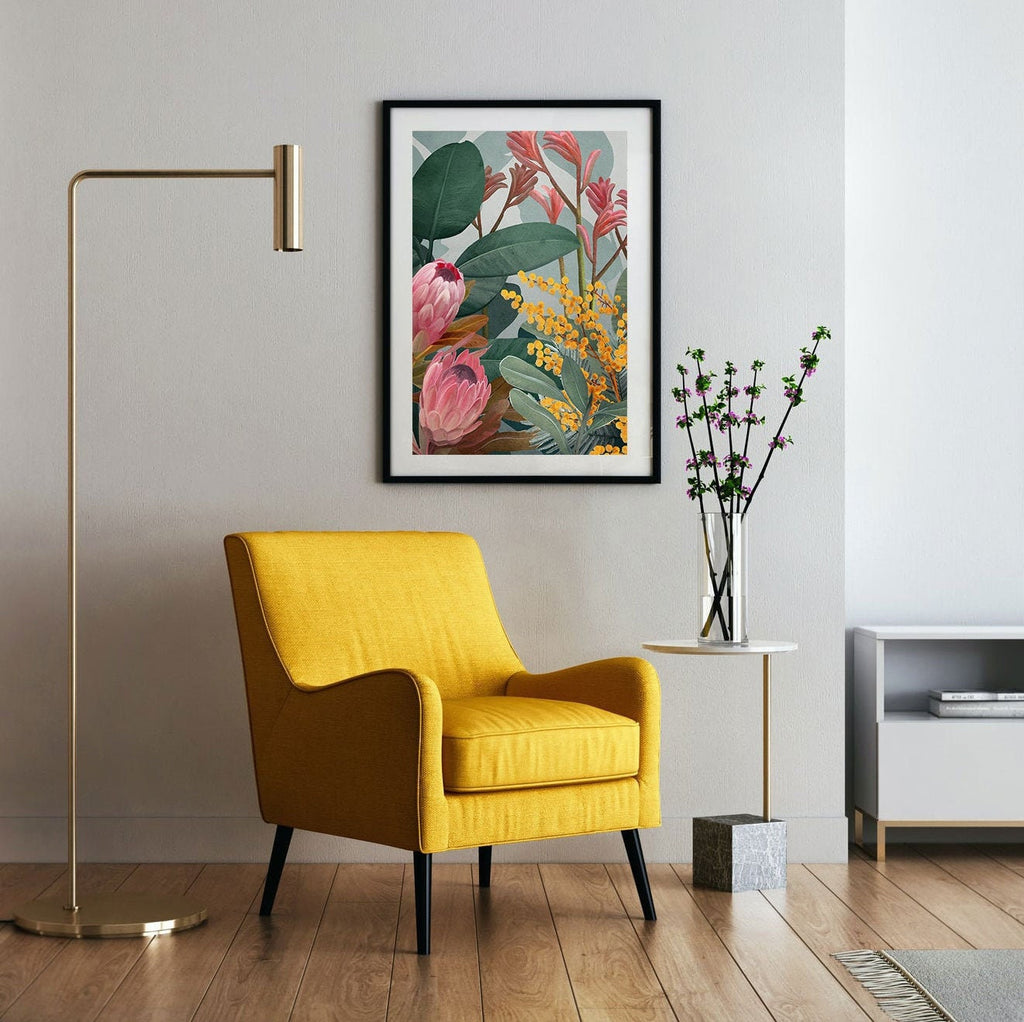 Bundaleer Bush Garden – Protea & Wattle Botanical Portrait Digital Art Print