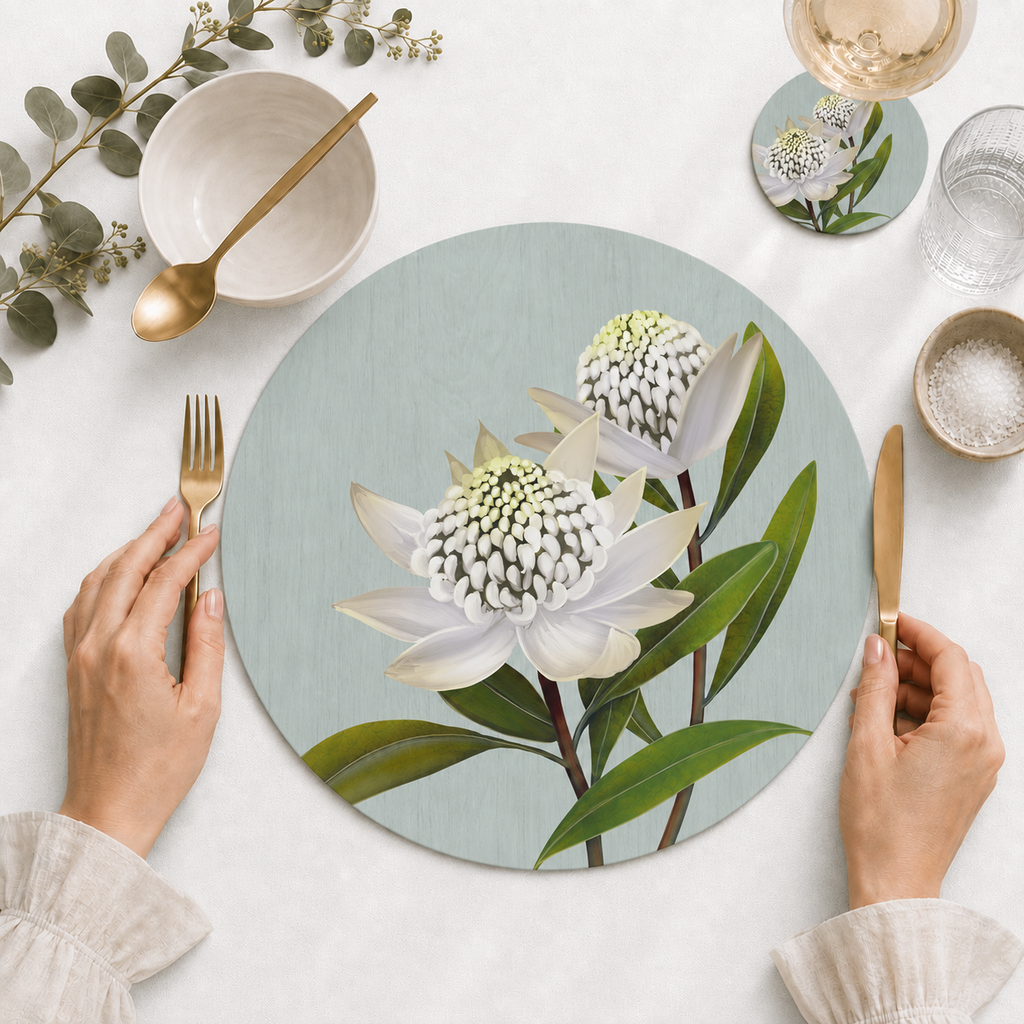 White Waratah Australian Native Round Placemats – Set of 4,6 or 8