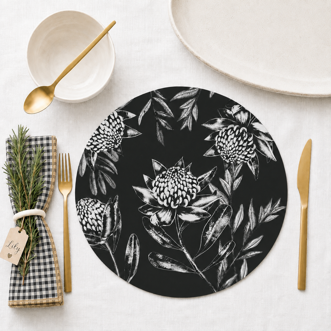 Black Waratah Australian Native Round Placemats – Set of 4,6 or 8