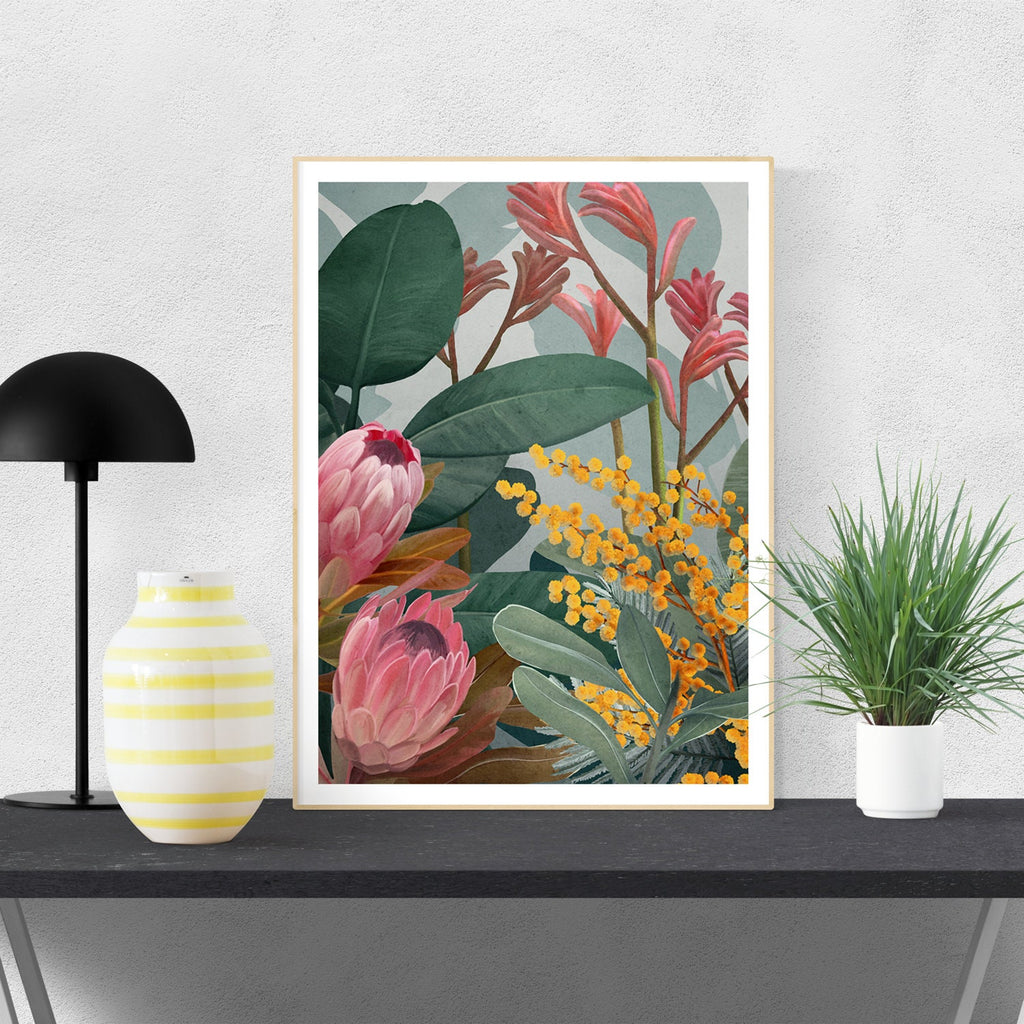 Bundaleer Bush Garden – Protea & Wattle Botanical Portrait Digital Art Print