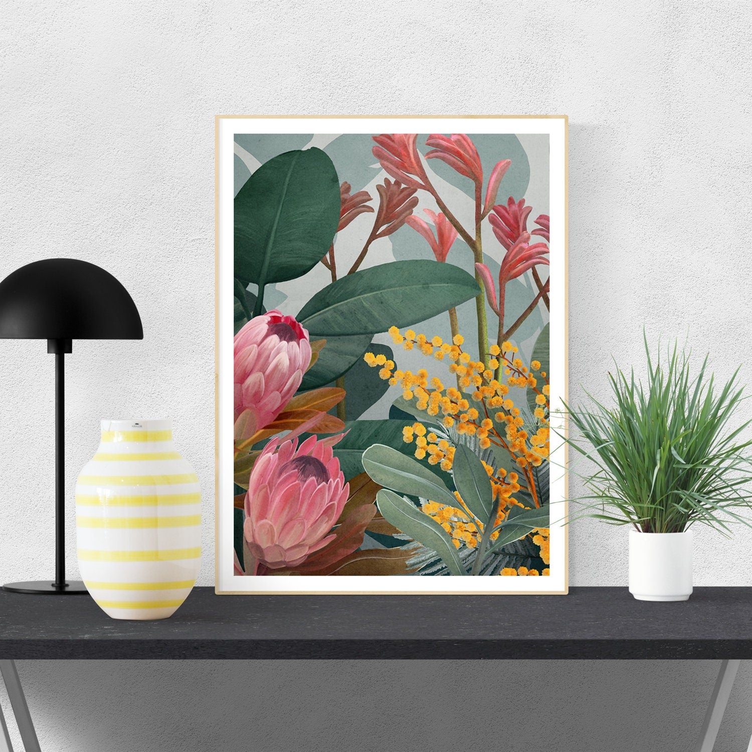 Bundaleer Bush Garden – Protea & Wattle Botanical Portrait Digital Art Print