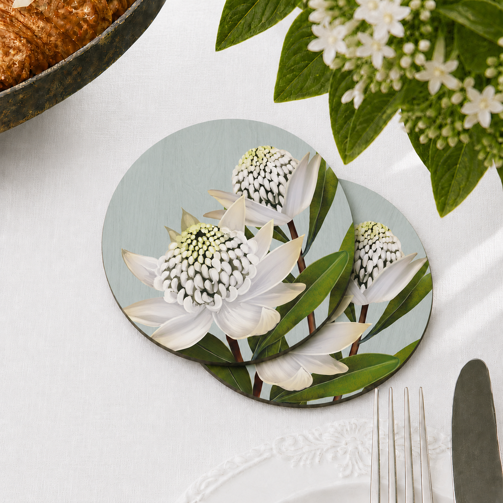 White Waratah Australian Native Round Placemats – Set of 4,6 or 8
