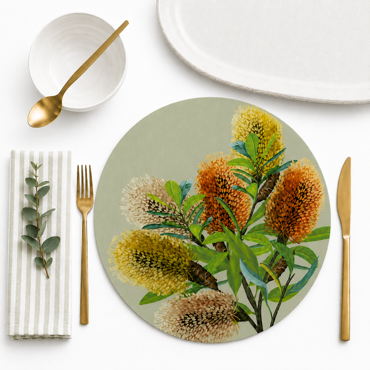 Saltbush Banksia Australian Native Round Placemats – Set of 4,6 or 8