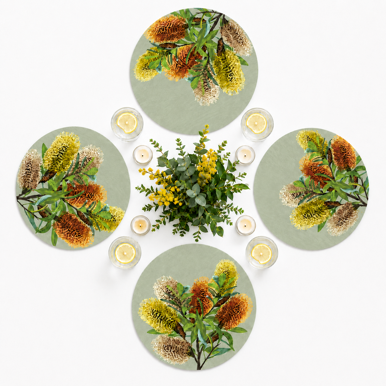 Saltbush Banksia Australian Native Round Placemats – Set of 4,6 or 8