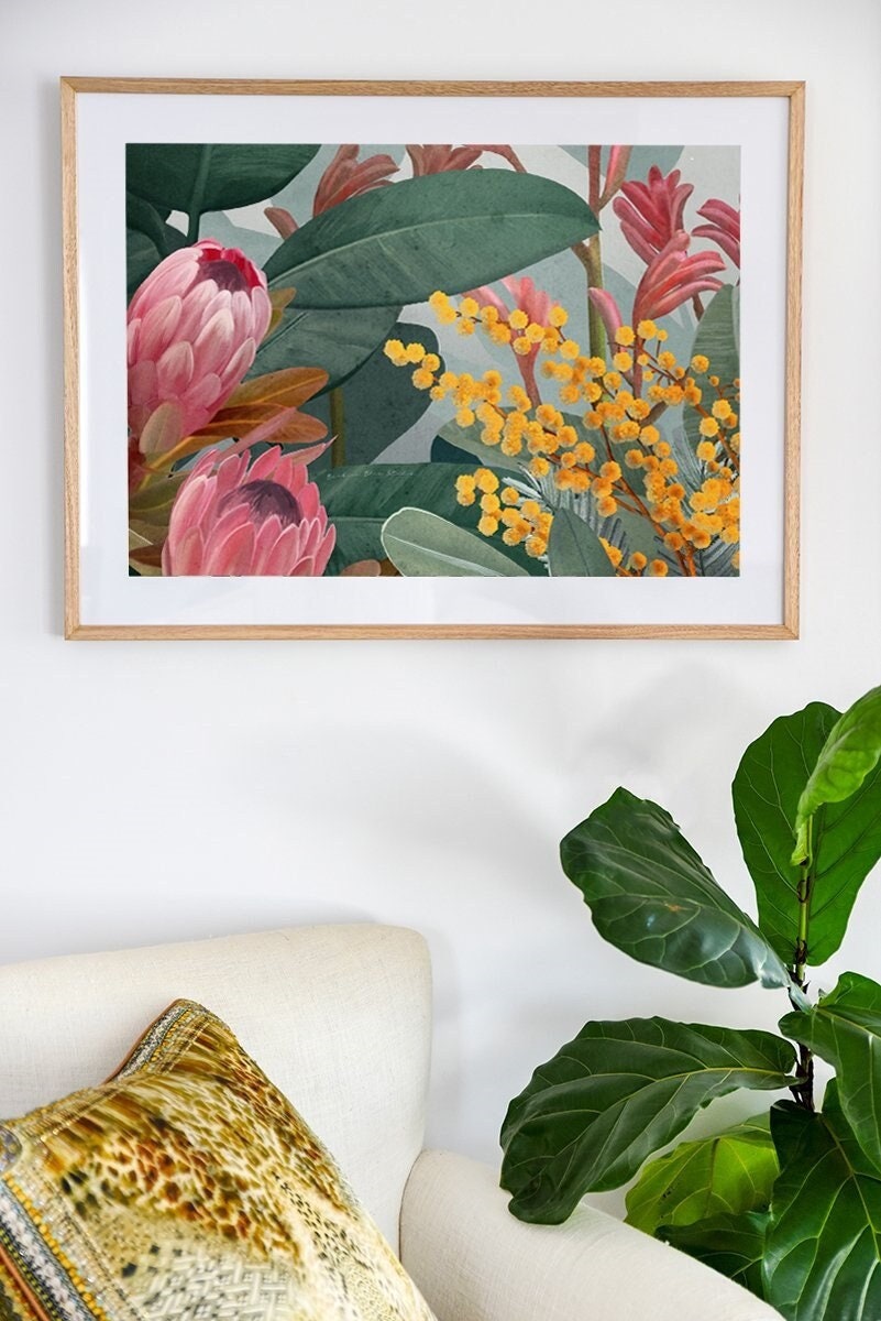 Bundaleer Bush Garden – Protea & Wattle Botanical Landscape Digital Art Print