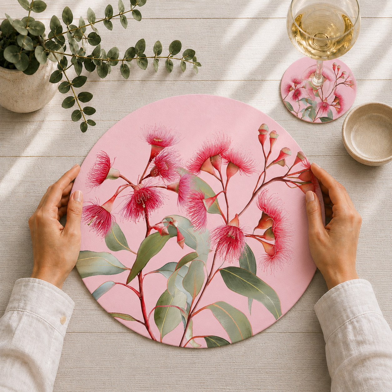 Pink Gum Australian Native Round Placemats – Set of 4,6 or 8