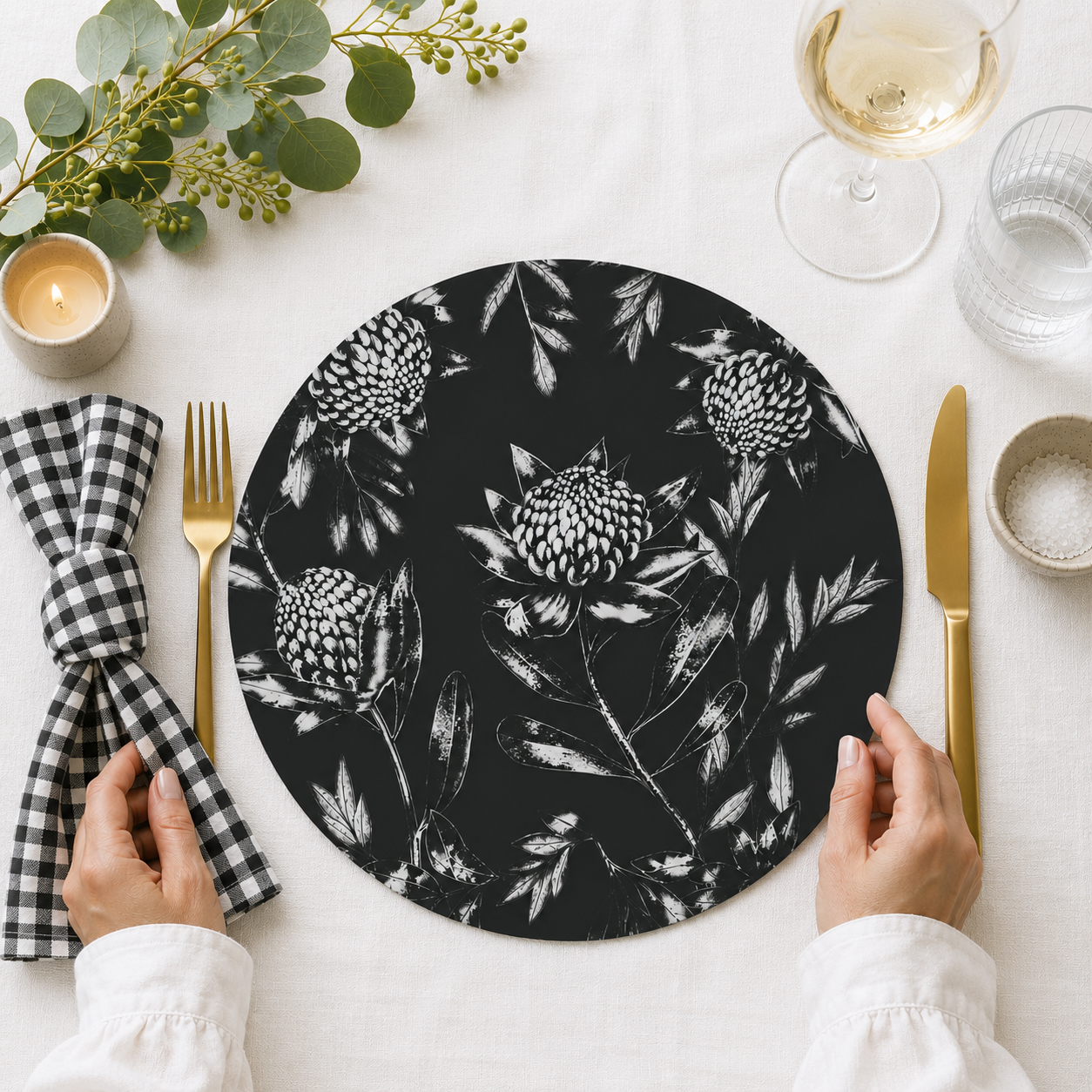 Black Waratah Australian Native Round Placemats – Set of 4,6 or 8