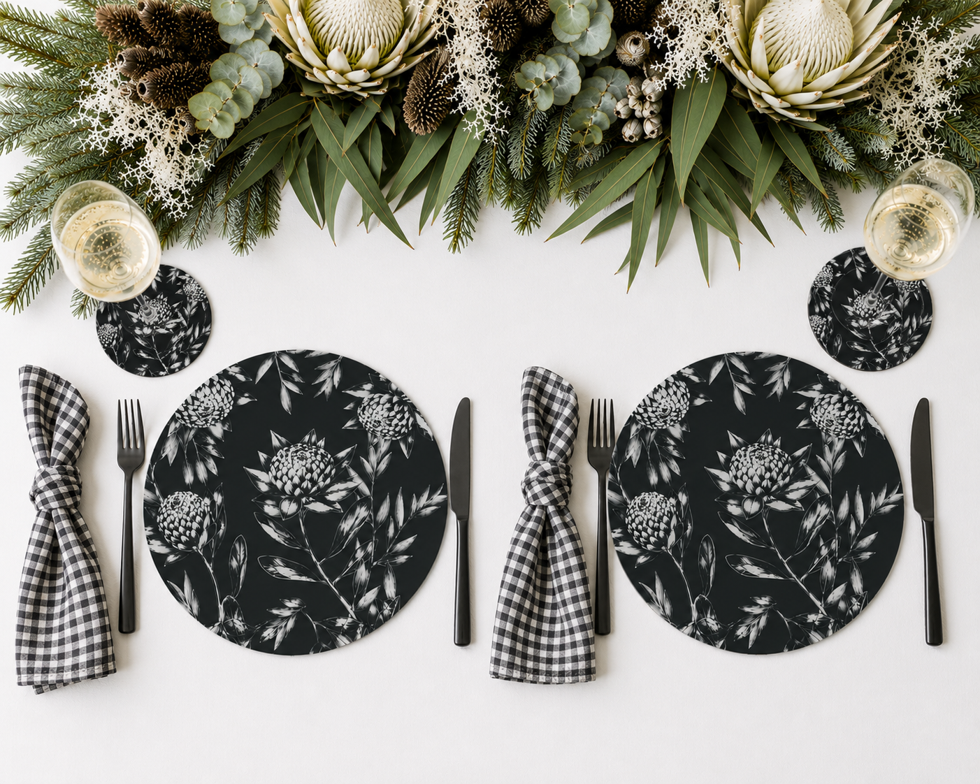 Black Waratah Australian Native Round Placemats – Set of 4,6 or 8